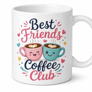 Glossy white ceramic mug with Best Friends Coffee Club artwork on a clean white background