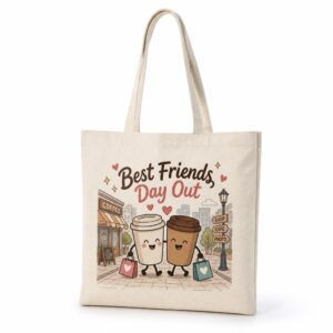 Natural canvas tote bag with completed Best Friends Day Out design on a clean white background