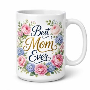 Glossy white ceramic mug with completed floral Best Mom artwork on a clean white background