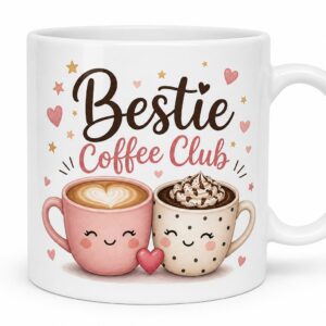 White ceramic mug with Bestie Coffee Club artwork on a clean white background