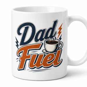 White ceramic mug with bold Dad Fuel artwork on a clean white background
