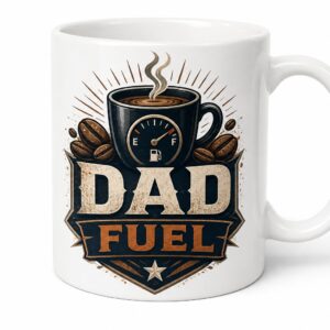 Glossy white ceramic mug with completed Dad Fuel artwork on a clean white background
