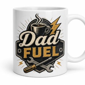 White ceramic mug with completed Dad Fuel artwork on the front