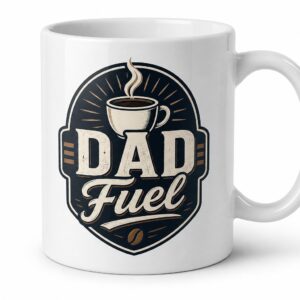 Glossy white ceramic mug with bold Dad Fuel coffee badge artwork