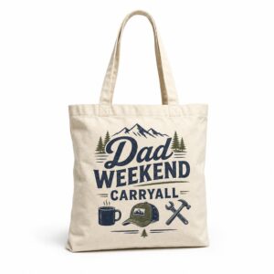 Natural canvas tote bag with completed Dad Weekend Carryall artwork on the front