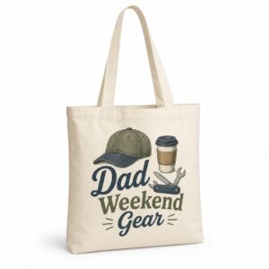 Natural canvas tote bag with Dad Weekend Gear artwork on a clean white background
