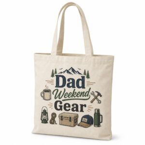 Natural canvas tote bag with completed Dad Weekend Gear design on a clean white background