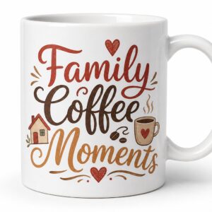 White ceramic mug with completed Family Coffee Moments artwork on the front