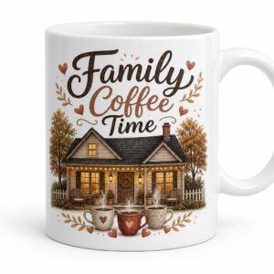 Glossy white ceramic mug with Family Coffee Time artwork on a clean white background