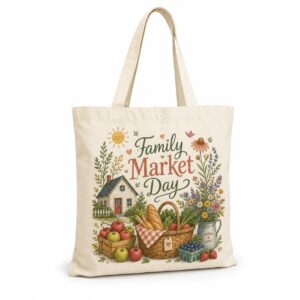 Natural canvas tote bag with completed Family Market Day design on a clean white background