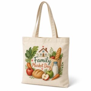 Natural canvas tote bag with Family Market Day artwork on a clean white background