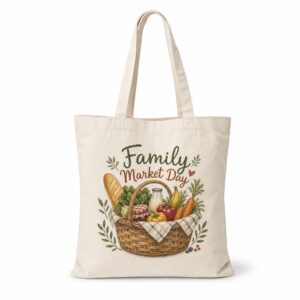 Natural canvas tote bag with Family Market Day basket artwork on a white background