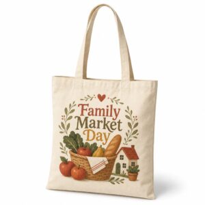 Natural canvas tote bag with completed Family Market Day artwork on the front