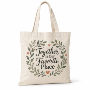 Natural canvas tote with family market-day artwork reading Together Is Our Favorite Place