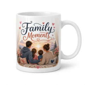 Glossy white ceramic mug with completed Family Moments artwork on a clean white background
