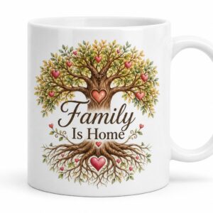 White ceramic mug with Family Is Home tree artwork on a clean white background