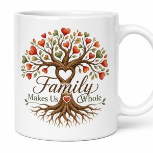 Glossy white ceramic mug with family tree and heart artwork reading Family Makes Us Whole
