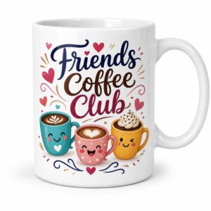 Glossy white ceramic mug with completed Friends Coffee Club artwork on a clean white background