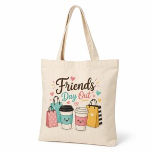 Natural canvas tote bag with Friends Day Out artwork on a clean white background
