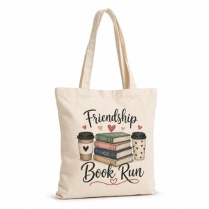 Natural canvas tote bag with Friendship Book Run artwork on a white background
