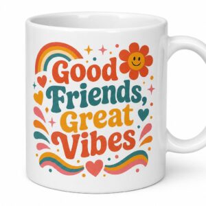 Glossy white ceramic mug with Good Friends Great Vibes artwork