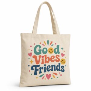 Natural canvas tote with Good Vibes Friends artwork