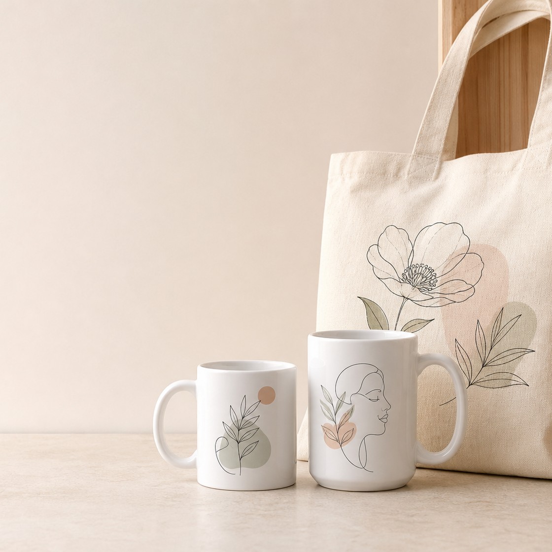 Ready-designed ceramic mugs and a canvas tote bag arranged on a light neutral surface