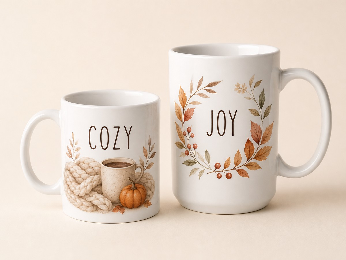 Two ready-designed glossy white ceramic mugs in 11oz and 15oz sizes