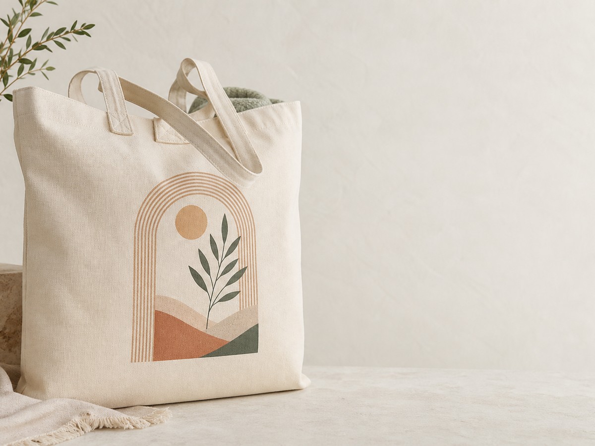 Natural cotton canvas tote bag with a printed design on a light neutral surface