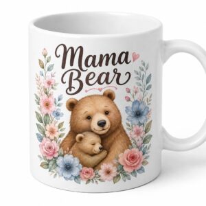 White ceramic mug with Mama Bear floral artwork on a clean white background