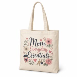 Natural canvas tote bag with completed Mom Everyday Essentials artwork on the front