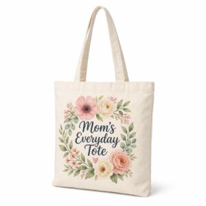 Natural canvas tote bag with completed floral Mom design on a clean white background