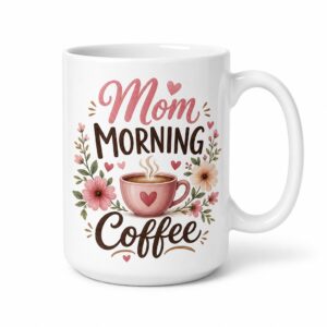 White ceramic mug with completed Mom Morning Coffee floral artwork on the front