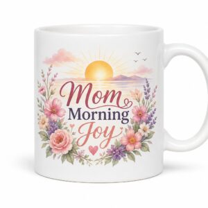 Glossy white ceramic mug with Mom Morning Joy floral artwork on a clean white background