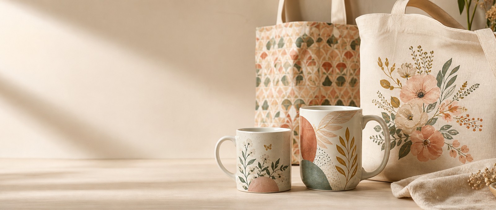 A finished printed mug and printed canvas tote bag displayed on a light neutral surface