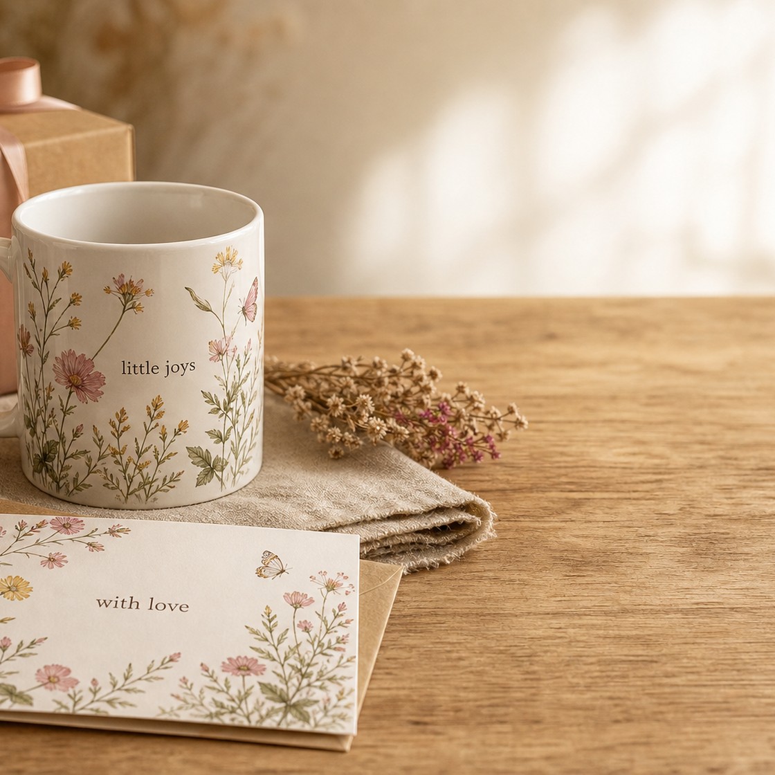 Finished printed mugs and a printed canvas tote bag on a light neutral tabletop