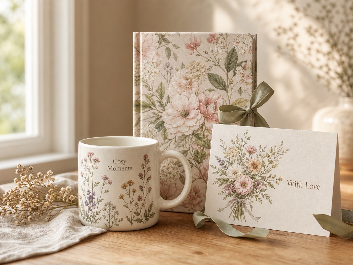 Two finished printed ceramic mugs in 11oz and 15oz sizes on a light tabletop